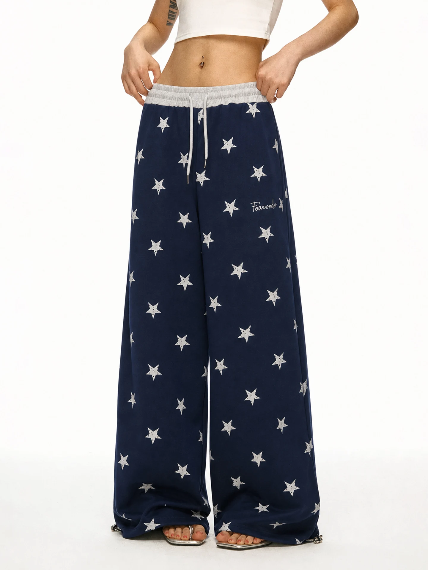 Aaisup American Deep Blue Star Print Wide Leg Pants Women's Loose All-Match Elastic Waist Sports Casual Pants
