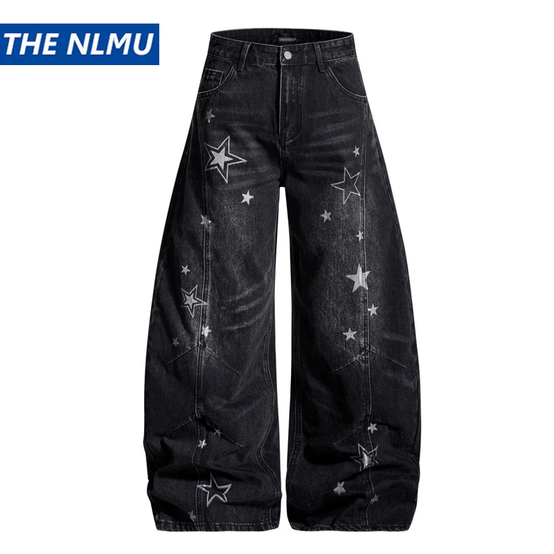 

Men's Star Print Curved Jeans Hip Hop Streetwear Baggy Wide Leg Denim Pants Loose Fit Galaxy Pattern Trousers