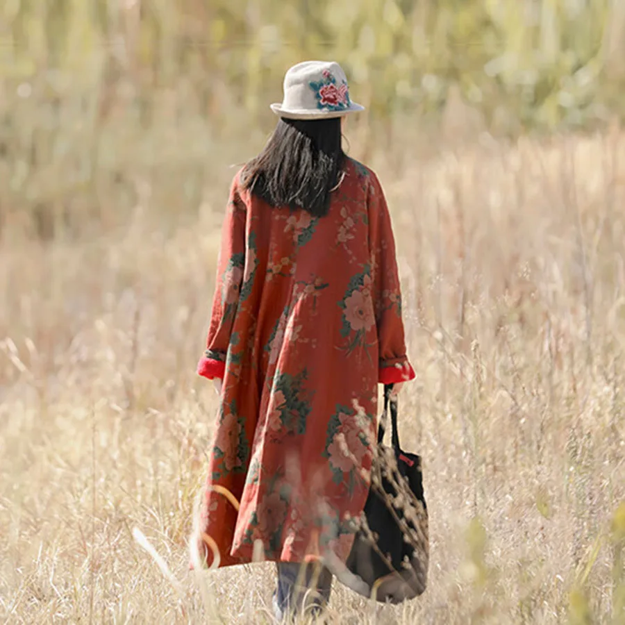 LZJN Giacca di media lunghezza foderata in pile stampato etnico retrò alla moda per le donne Cappotto invernale allentato caldo con chiusure a rana