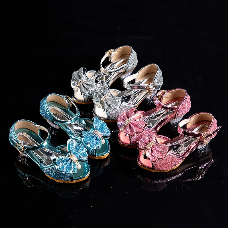 Children Shoes New Autumn Casual Glitter Bowknot Children High Heel Girls Shoes Cute Fashion Princess Dance Party Sandals صنادل