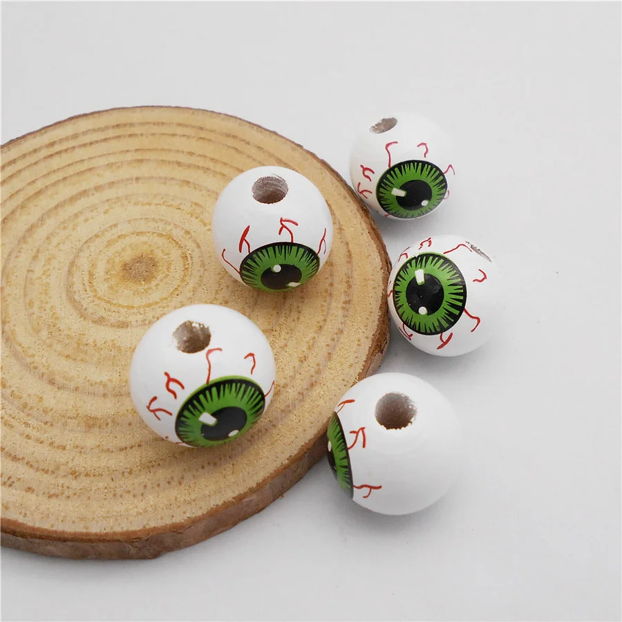 10PCS 16mm Halloween Wooden Human Eyes Ball Beads Natural Round Wood Loose Spacer Beads Bracelet Making Decor