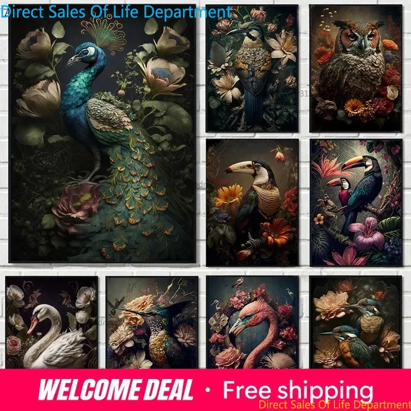 Vintage Birds In Jungle Flowers Canvas Painting Poster Print, Featuring Peacock, Toucan, Parrot, Flamingo, Owl, Ideal Wall Ar