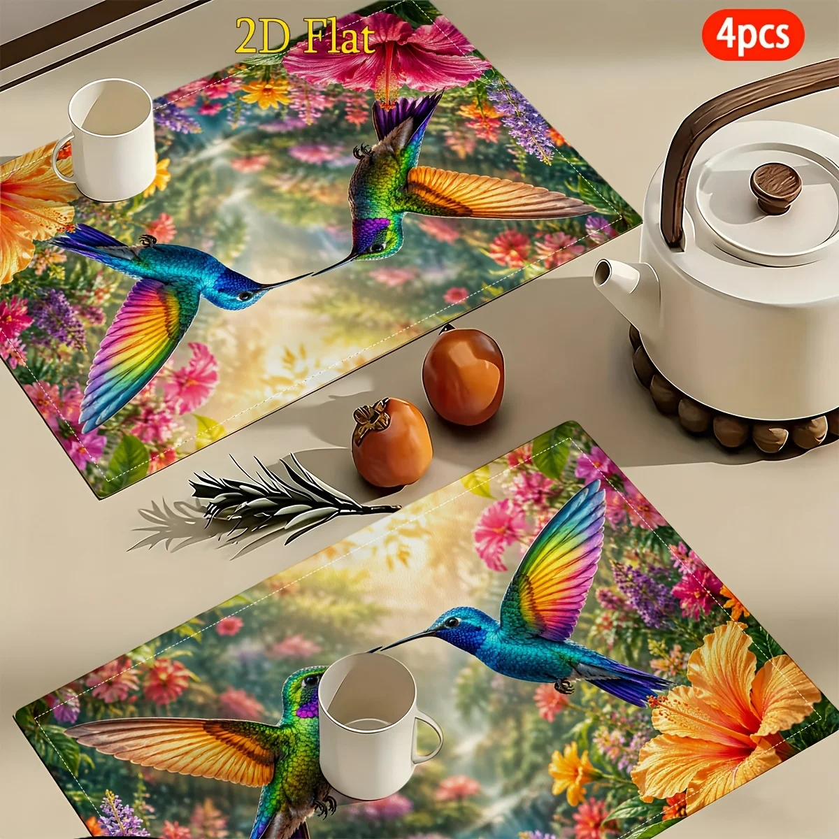 4pcs 2D Flat Hummingbird And Flowers Placemats, Festive Table Decor for Holiday Dinners & Parties, 2D Flat
