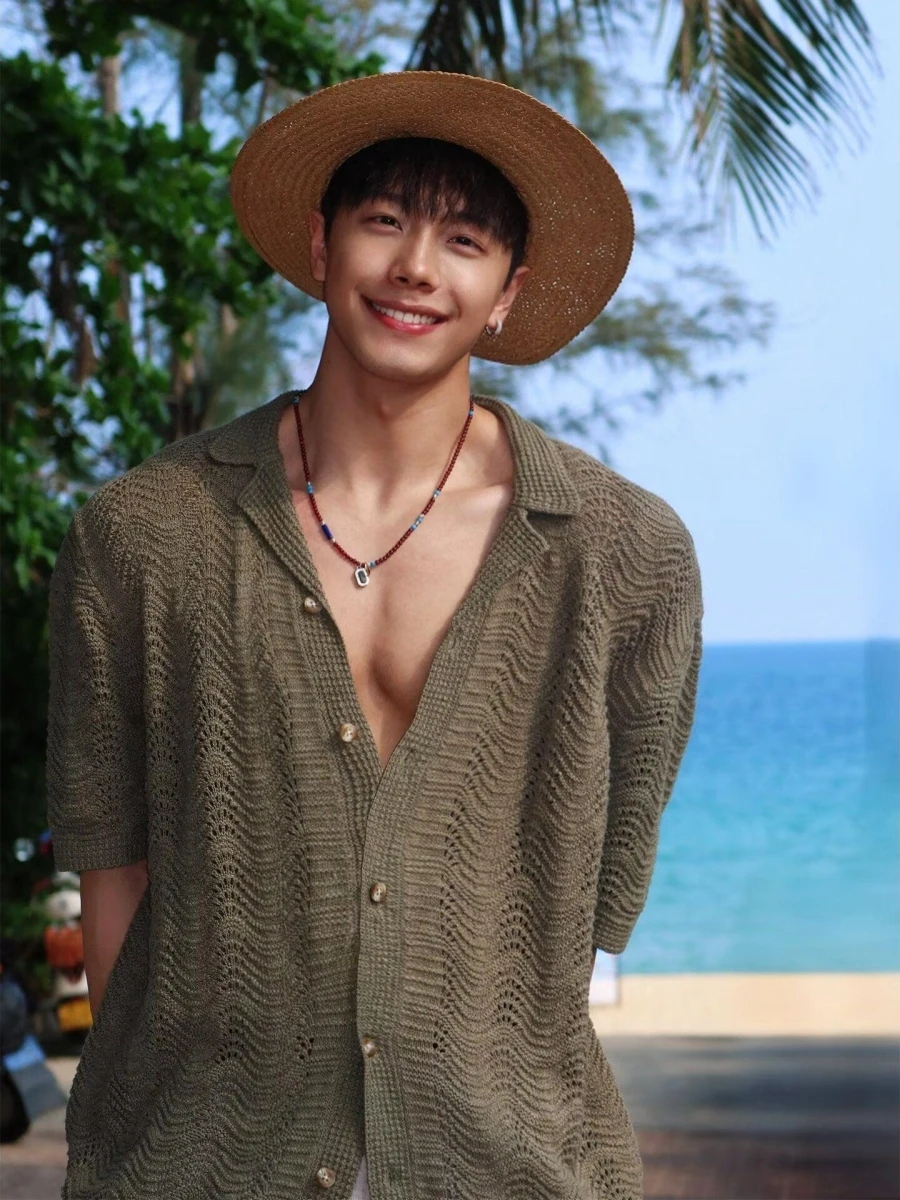 

Мужской летний легкий вязаный кардиган с открытым воротником-кубанкой, дышащий, с защитой от солнца, повседневный