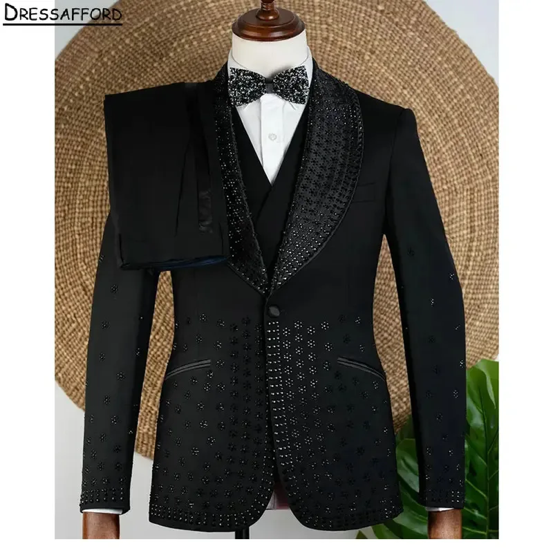 Black Crystal Men Business Formal Occasion Tuxedos Grooms Wedding Party Prom Male Suit 2 Piece Set Blazer Pants