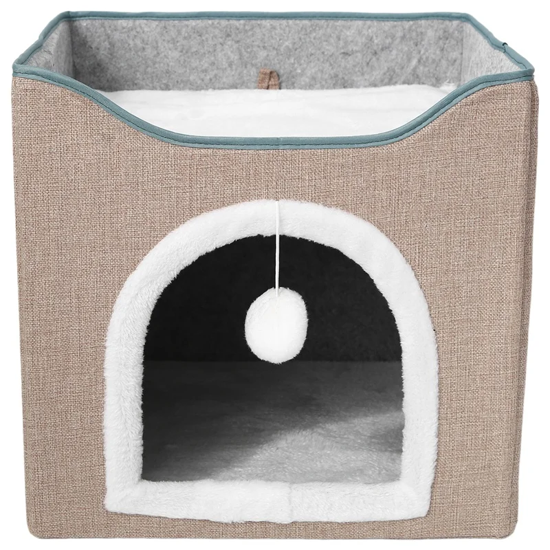 Grande dobrável lavável gato caverna com bola pendurada e Scratch Pad, camas para animal de estimação interior, casa