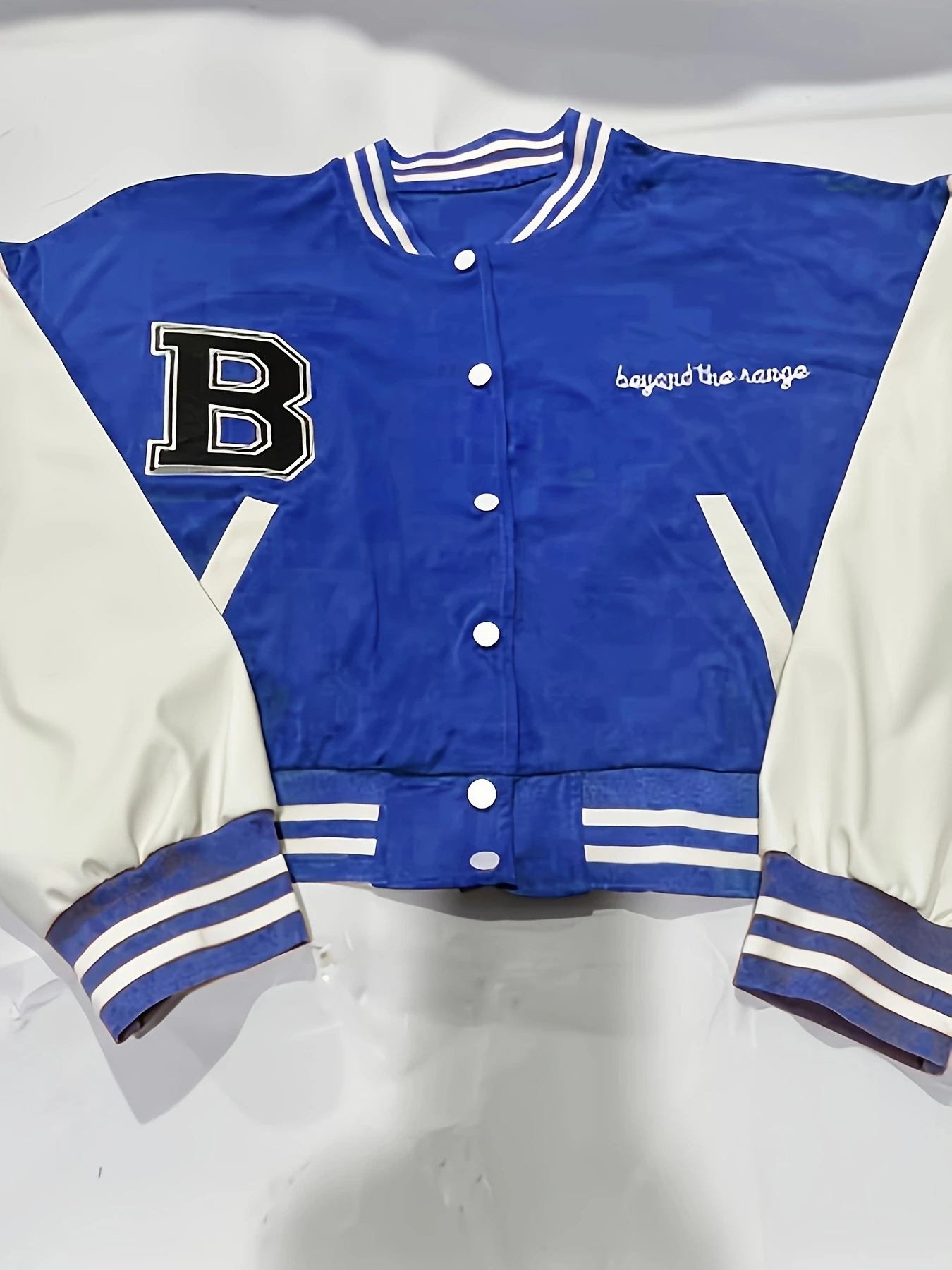 Plus Size Women's Colorblock Letter B Print Cropped Baseball Jacket Set High Waist Black PU Pleated Leather Mini Skirt Hot Girl Two-Piece Set view 8