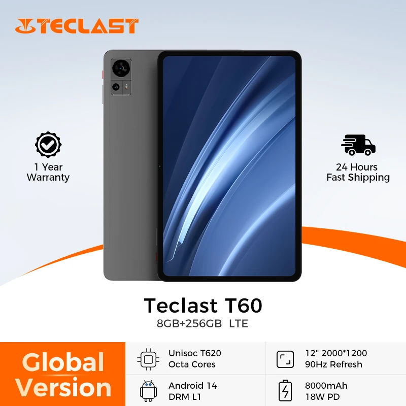Планшет Teclast T60 12 дюймов 2K, Android 14, 8 ГБ+12 ГБ ОЗУ, 256 ГБ ПЗУ, восьмиядерный процессор T620, 8000 мАч, быстрая зарядка 18 Вт PD, 4G VoLTE, GPS