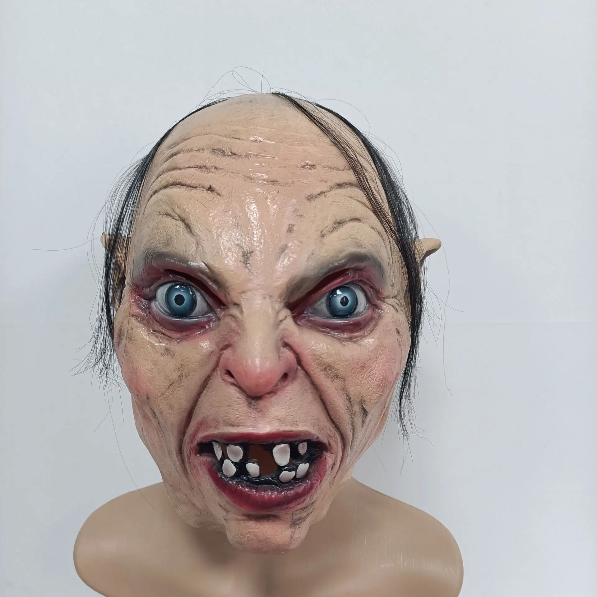Gruselige Monster-Latexmaske mit Haaren und Spitzohren, Schreckliches Kreatur-Kopfteil für Halloween-Cosplay, Maskerade-Party-Kostüm-Requisiten – Detail 5