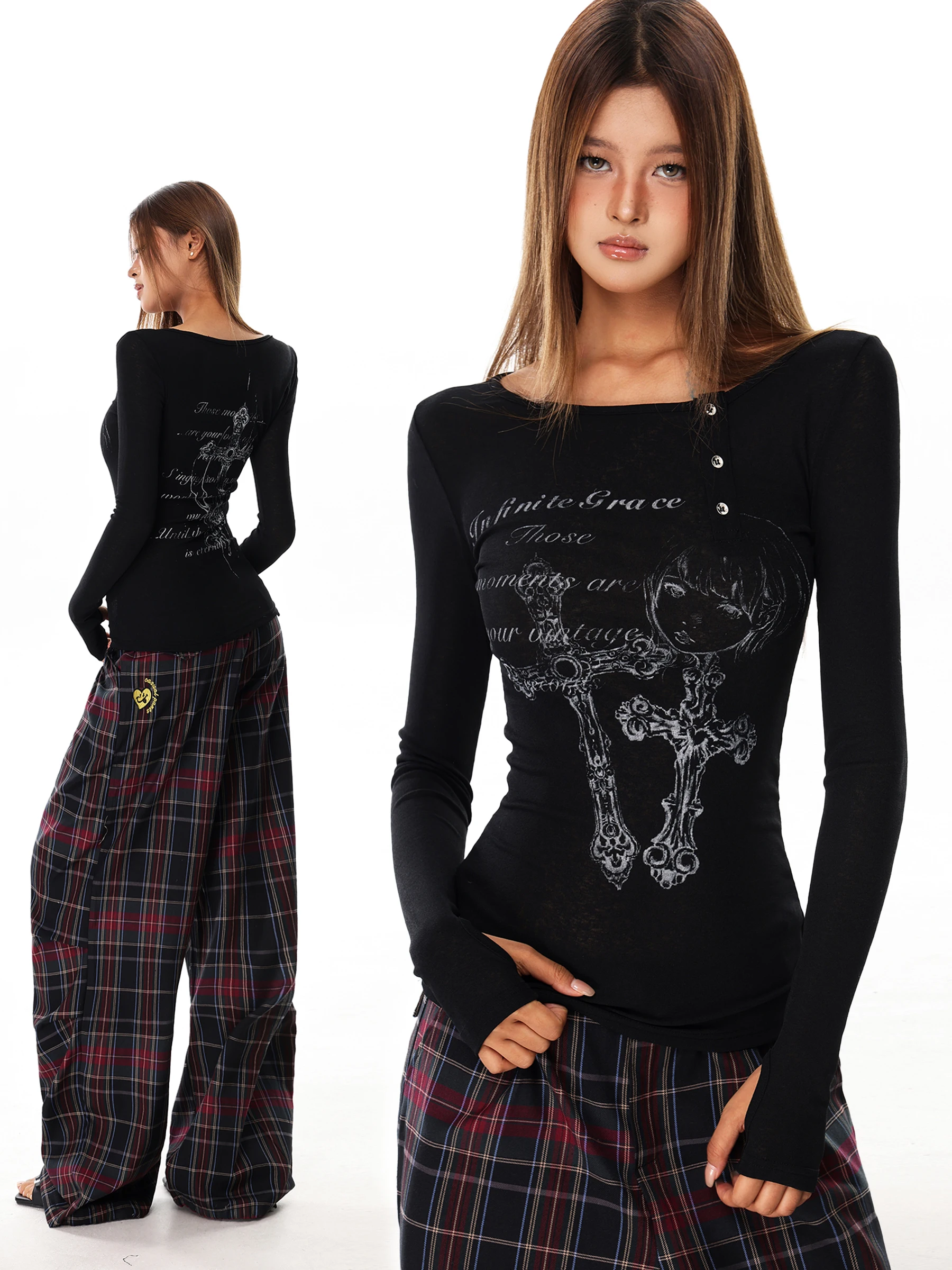 

Style American Cross Print High Street Long Sleeve T-Shirt Women Spring Slim round Neck Correct Shoulder Top
