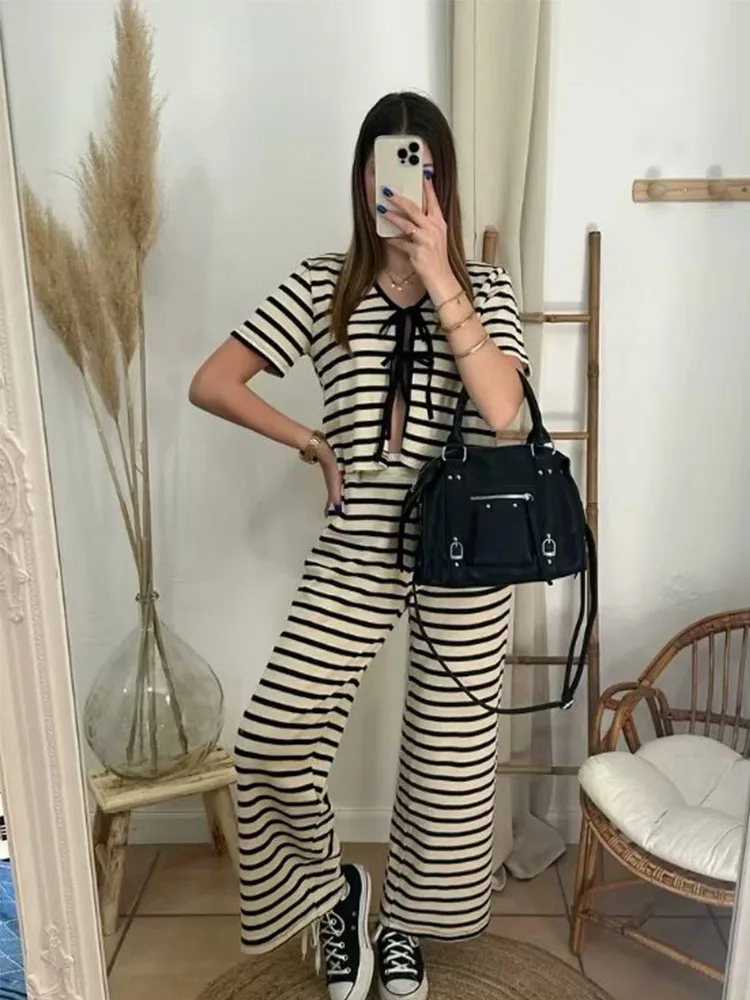 

TRAFZA Women's Chic Casual Striped Knit Lace Up Bow Short Sleeve Tops Female Summer Street Elastic Waist Pants 2 Piece Set