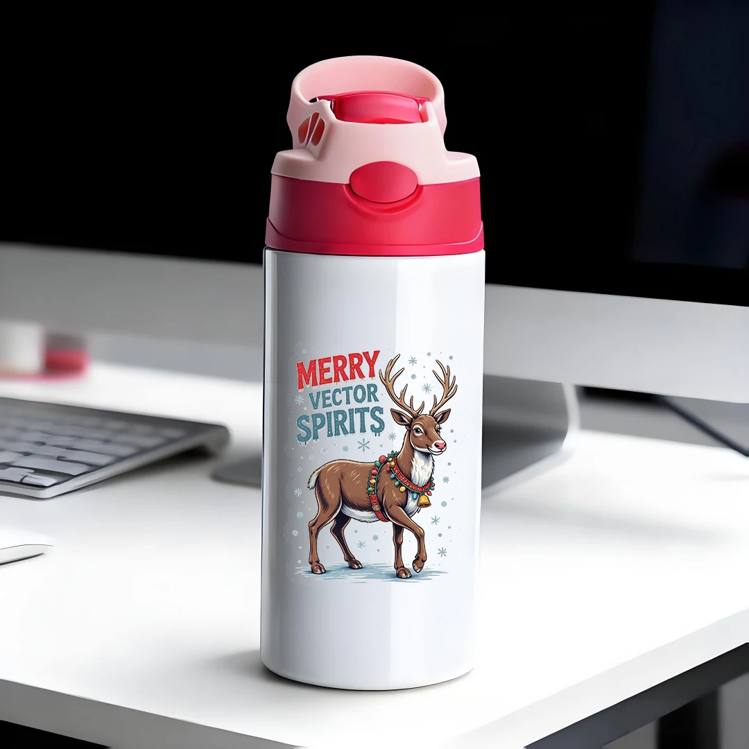 

304 stainless steel thermal cup + cartoon reindeer Christmas straw cup + kids portable water cup - Essential Christmas Gift