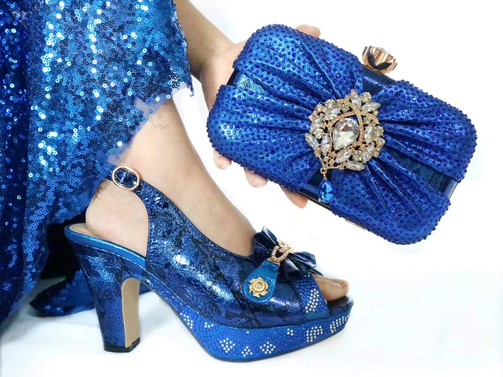 Women\'s Handbag With Platform Slling Back Shoes And Bag Set In Italian Style Peep Toe High Heels Matching Clutch