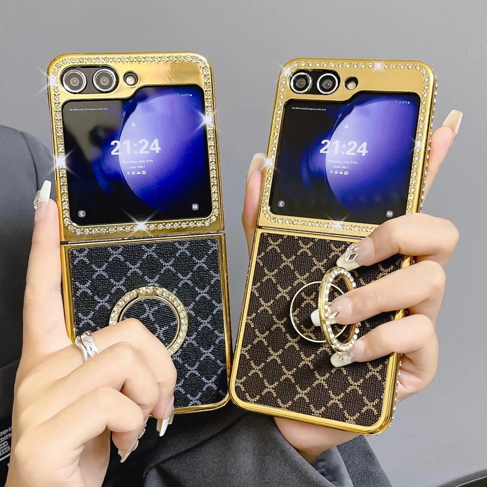 

Luxury Gold Glitter Diamond Ring Phone Cover Grid Pattern Leather Case for Samsung Galaxy Z Flip 7 Flip 6 Z Flip 5 Flip 4 Flip 3