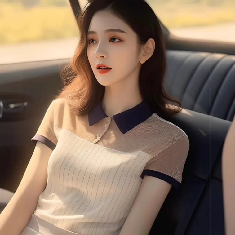 

Summer Chic Retro Hong Kong Style Color-Block Slim Fit Polo Collar Knit Top, Unique Design Short Sleeve T-Shirt For Women