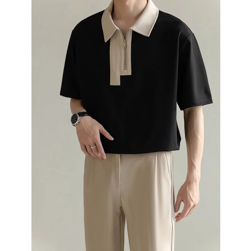 

Men's Clothing Men's Shirts Summer New Short Sleeve T-shirt Contrast Splicing Zipper T-shirts Korean Version Loose Casual Tops