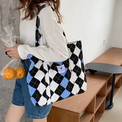 Youda Women Canvas Shoulder Bag Color Contrast Books Daily Shopping Bags Students Bookbag Cotton Handbags Large Tote For Girls