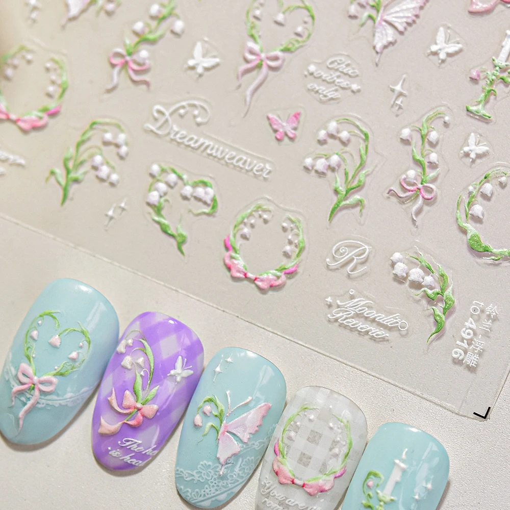 Lírio do vale flor grinalda castiçal 5d primavera borboleta bowknot arte do prego adesivos decorações adesivas manicure decalque