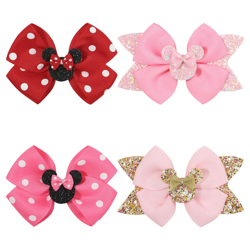 Disney Mickey Mouse Hairpin Kid Cute Mickey Minnie Sequins Bowknot Hair Ornament Girls' Baby Cute Bowknot Headwear Birthday Gift