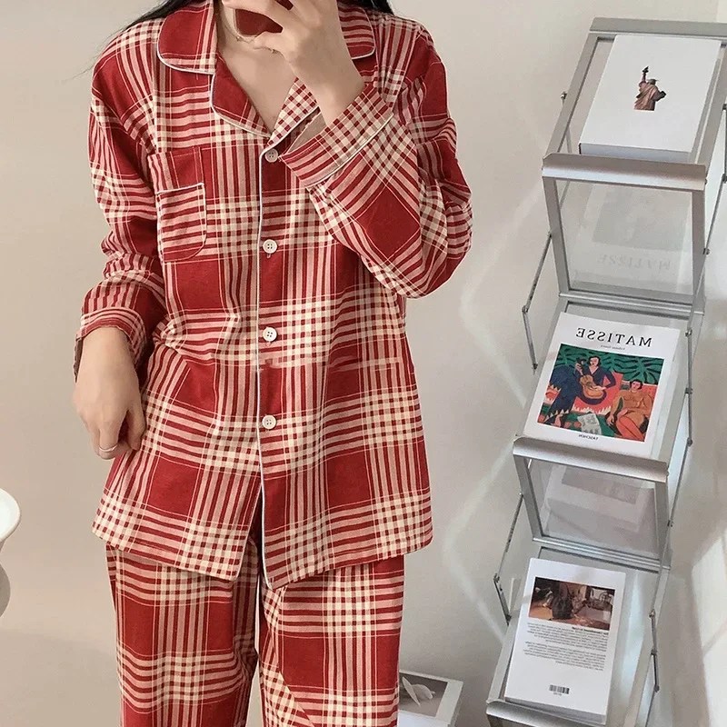 

Spring and Autumn New Couples Pajamas Homewear Suit Female Is Christmas Plaid Thin Section Long-Sleeved Simple Leisure Homewear