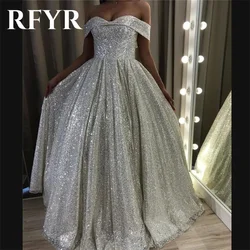 RFYR Silver Prom Dress Sweetheart A-Line Evening Dresses Luxury Sequins Off The Shoulder Party Dress With Pleats Robe De Soirée