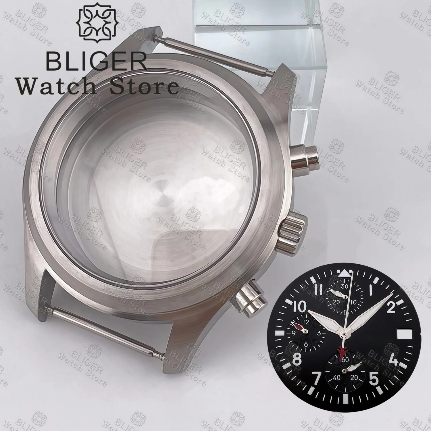 BLIGER 38mm Dive Brushed Pilot Chronograph Watch Case Parts Dome Sapphire Glass 30mm Dial Hands Set Fits VK67 Quartz Movement