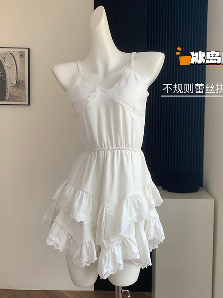 Mori Girl Spaghetti Strap Dress Sleeveless Fashion White One-Piece Frocks Backless Vestidos Temperament Lace Sundress Simple Y2K