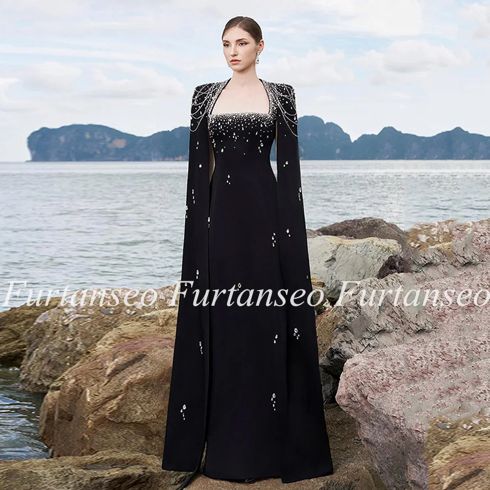 Saudi Arab Formal Occasion Dresses Customized Crystal Rhinestone Black Party Gown Floor Length Arabian Evening Dress for Woman