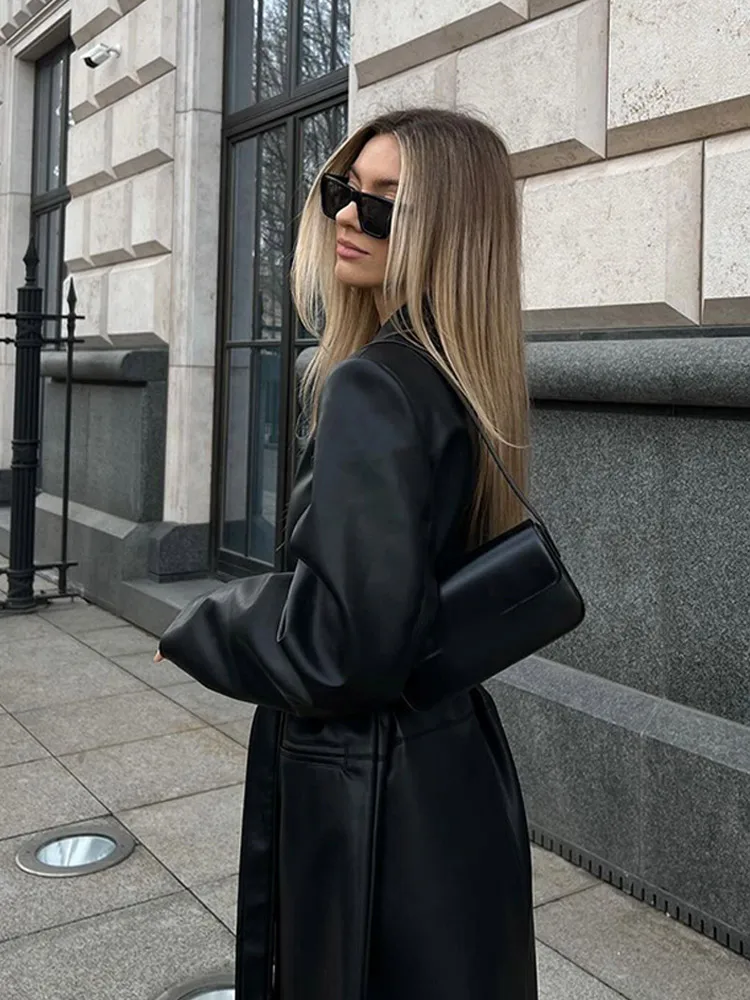 Czarny sznurowany płaszcz z długim rękawem Casual Lapel Button Double Pockets Slim Fit Leather Coat New Female Autumn Streetwear