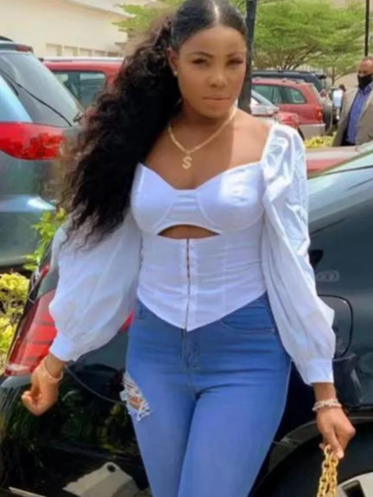 

Women's Blouse White Steel Ring Fishbone Sexy Front Button One Line Neck Top Crop Top High Street Square Collar Casual Shirt