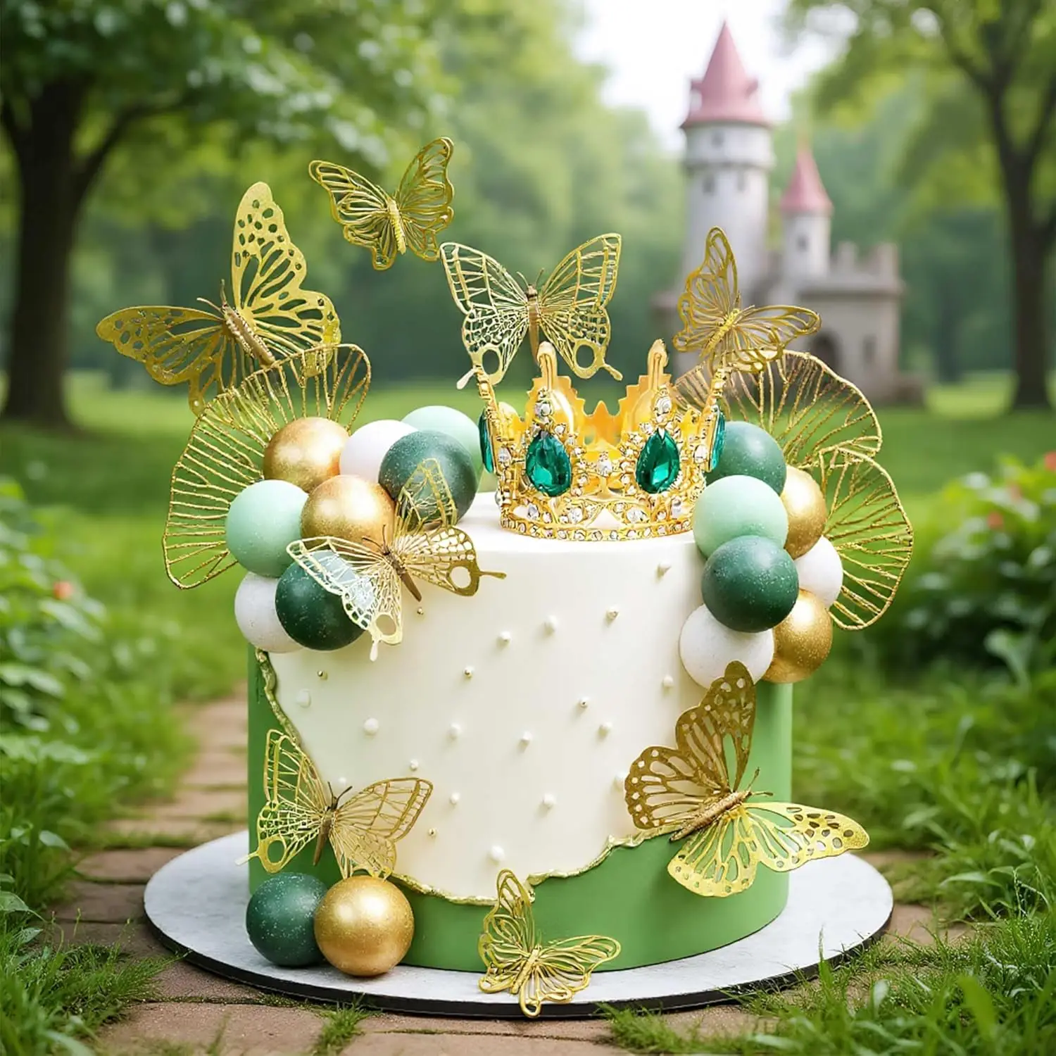 LaVenty Grüne Kugeln Kuchendeckel Prinzessin Kuchendekoration Tiara Krone Geburtstagsdekoration für Geburtstagsparty-Zubehör – Detail 2