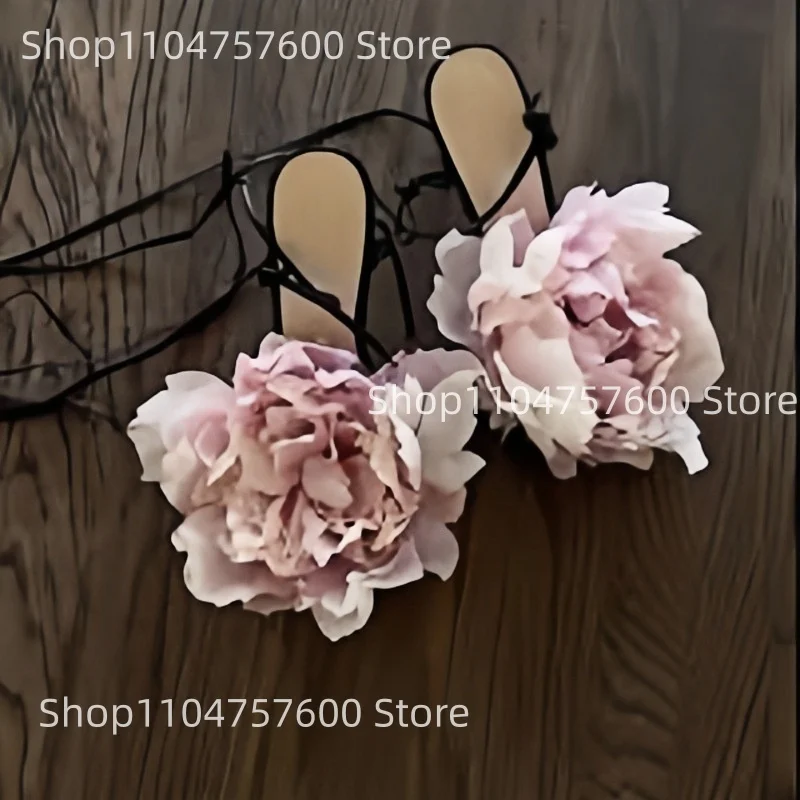Women's Black Strappy Stiletto Heel Sandals Pink Flower Embellishment Elegantly Sexy Wrap Around Ankle Parties Ladies Dress Shoe