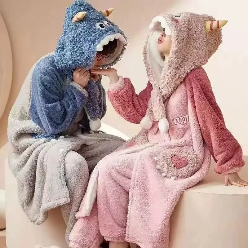 Monster Coral Velvet Robes For Women Mid Calf Hoodied Pajamas Onesie Cartoon Long Halloween Bathrobe Sleepwear For Girl pijamas