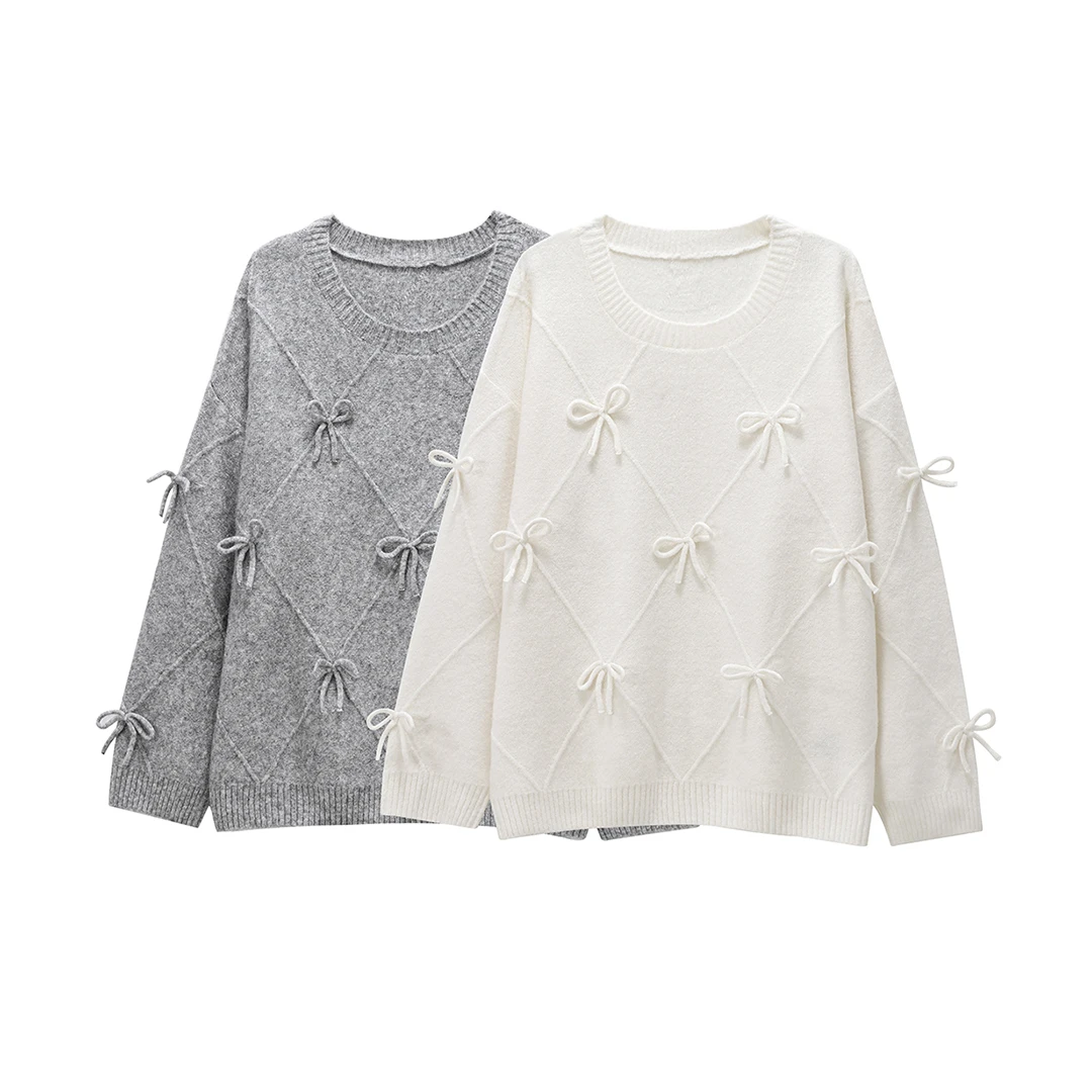 

Fashion Bow Women Knitted Sweaters Round Neck Long Sleeve Loose Casual Pullovers Women Solid Color Soft Knit Tops