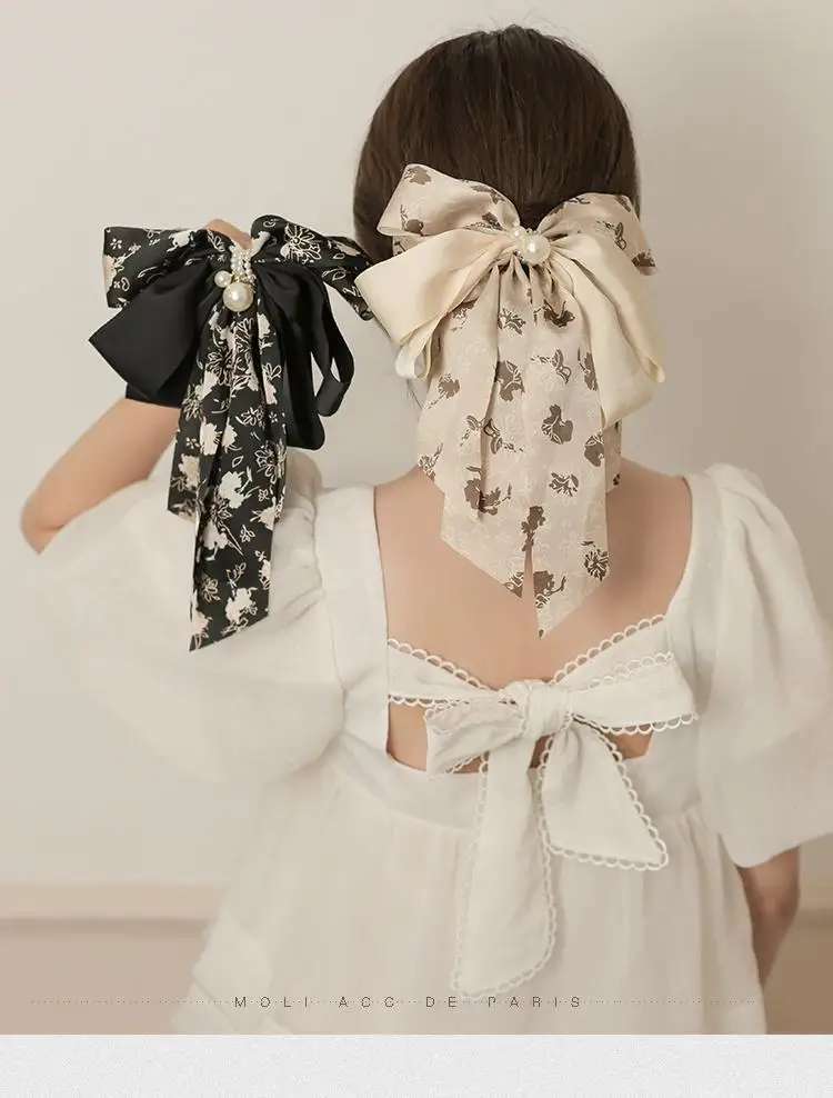 Big Bow Hairpin High Ponytail Flower Fashion Temperament High Sense Headdress Head Clip Long Ribbon Hair Accessories.