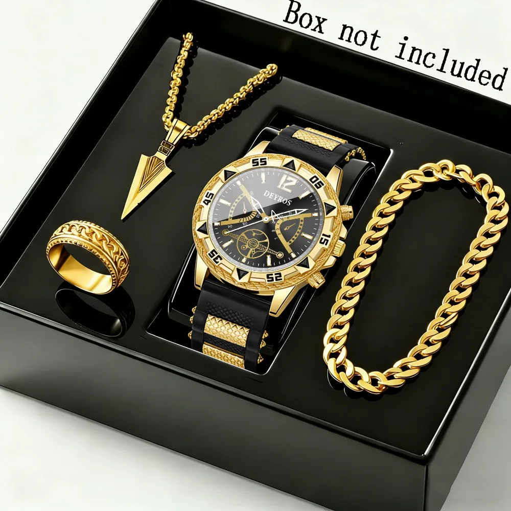 4pcs/Set Men'S Quartz Watches & Jewelry Set | Men'S Necklaces Ring | Men'S Bracelets | Suitable for Casual And Business Wear