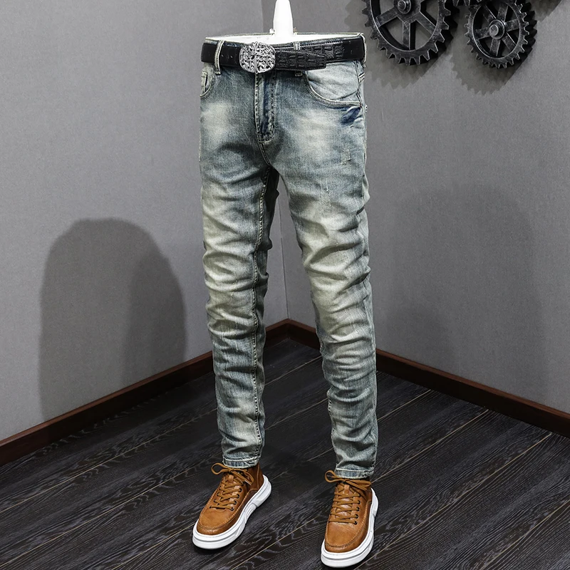 Italian Style Fashion Men Jeans High Quality Retro Washed Blue Stretch Slim Fit Ripped Jeans Men Vintage Designer Denim Pants