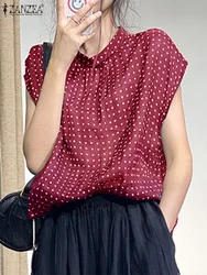 ZANZEA Elegant Women Dots Blouse Fashion Cap Sleeve Tops Shirt 2024 Summer Vintage Round Neck Tunic Luxury Satin Office Blusas