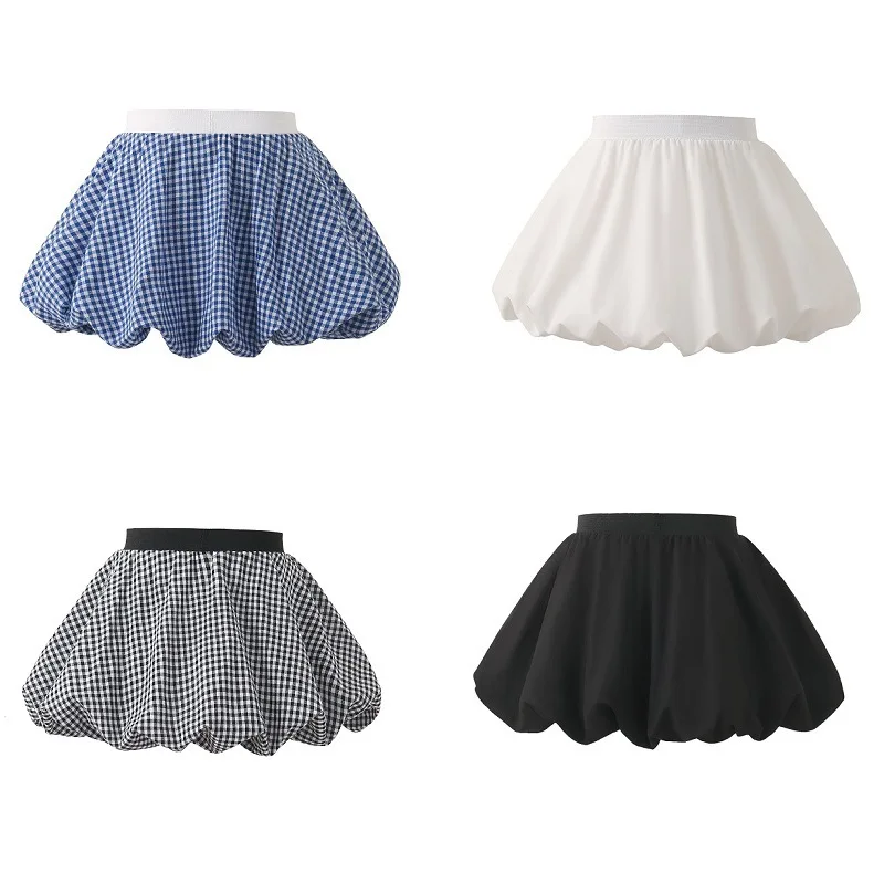 Girls Plaid Bubble Skirt A-Line Puffy Mini Skort Spring Summer Elastic Waist Short Skirt Princess Streetwear Kids Daily Wear