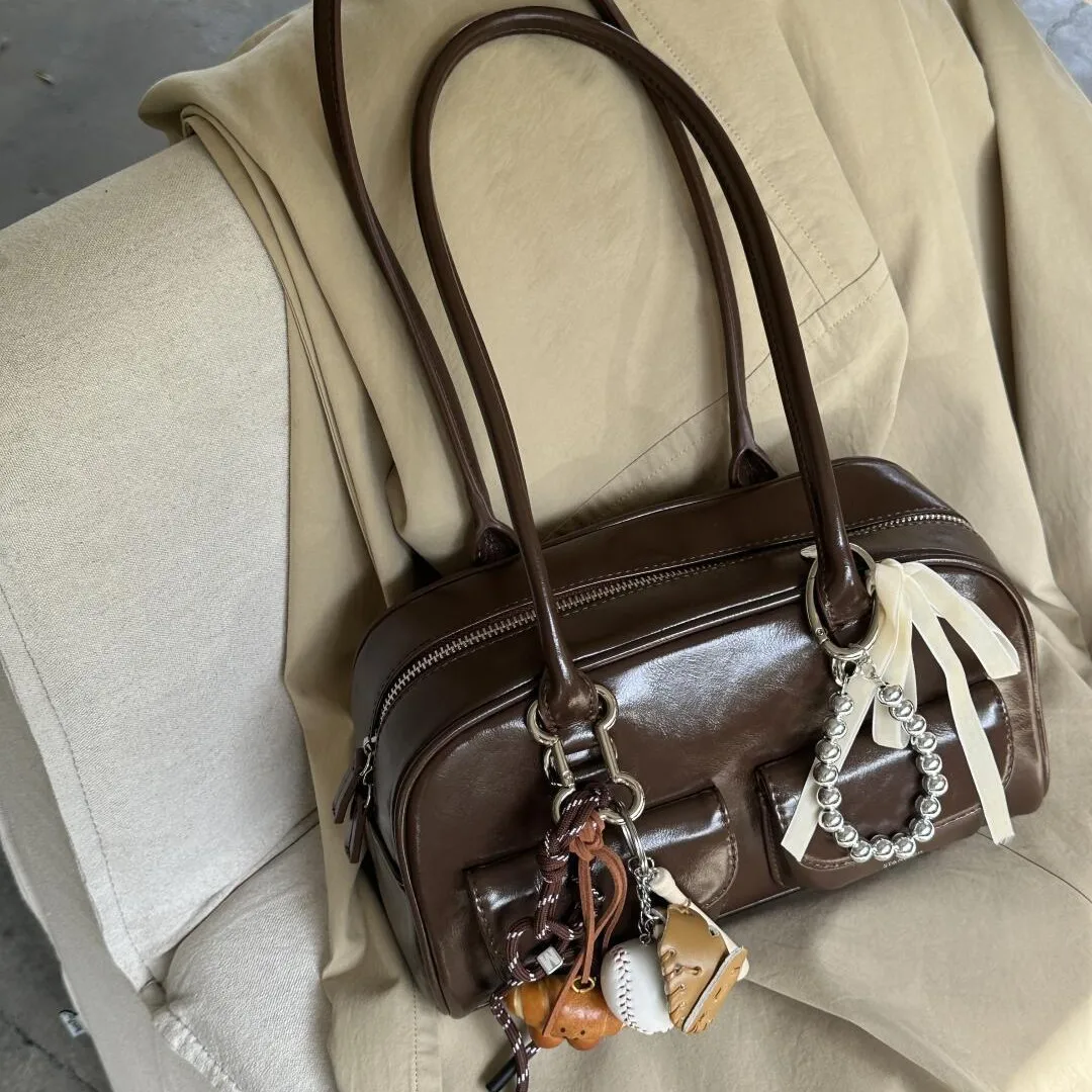 

Autumn Winter Bowling Bag for Women Large Capacity Tote Shoulder Bag Vintage Underarm Purse with Top Handle Casual Crossbody Bag