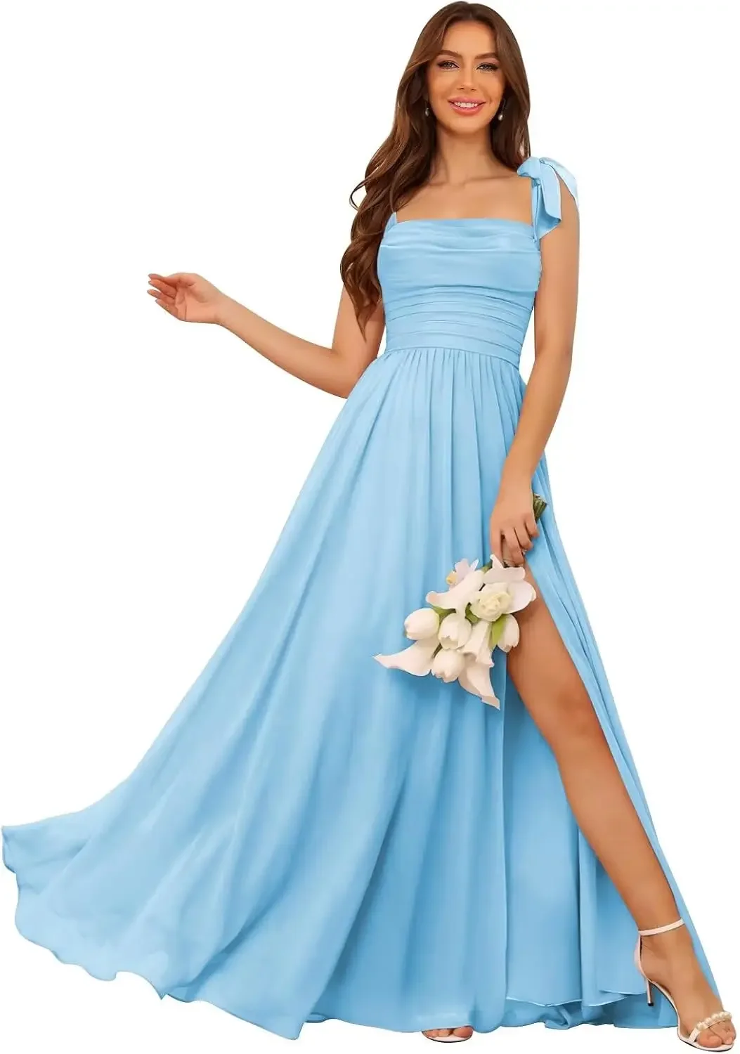 

Square Neck Bridesmaid Dresses 2025 Ruched Chiffon Formal Evening Dress with Bow Formal Dress Women Elegant Ball Gown