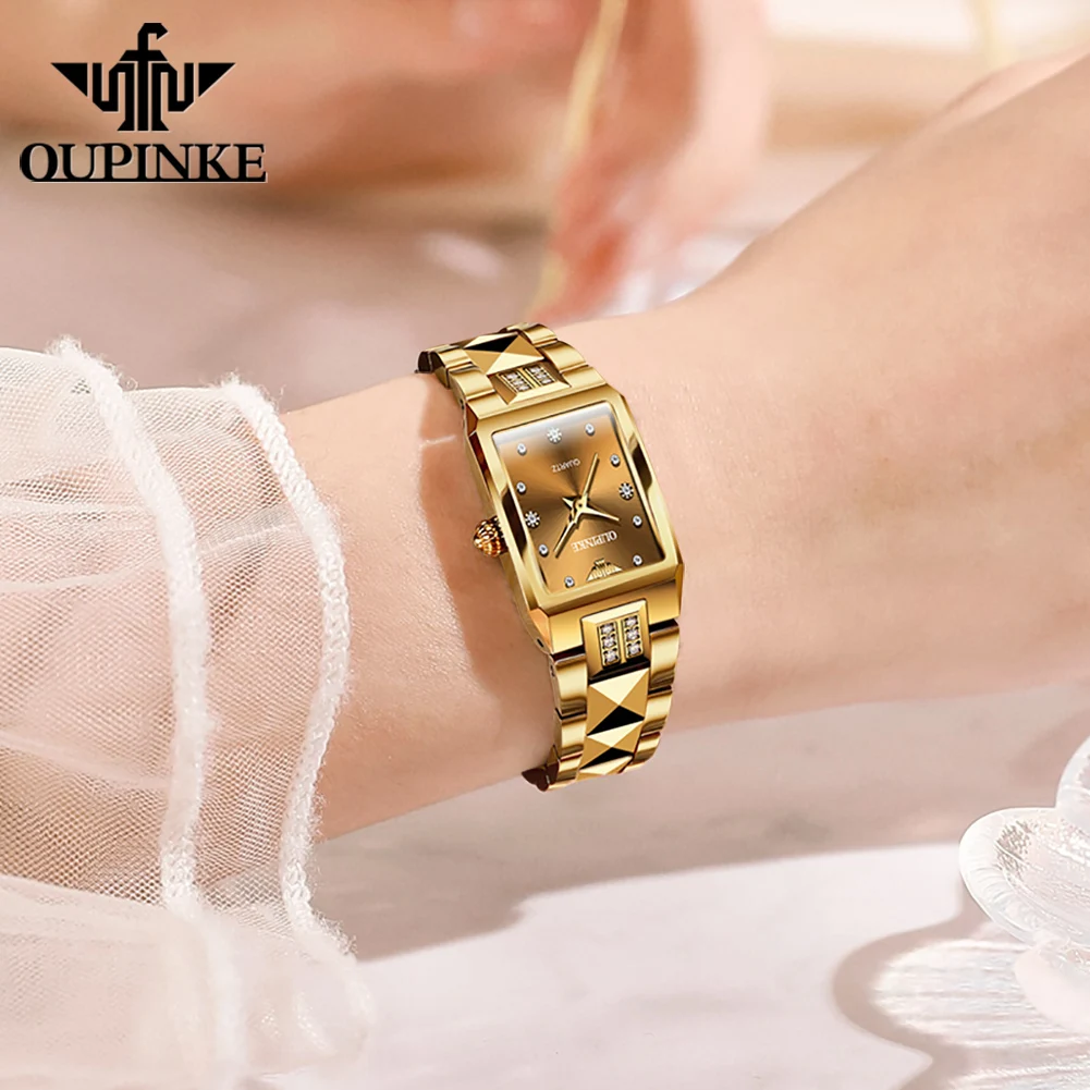 OUPINKE Women's Watches 50M Waterproof Gold Square Quartz Watch For Women Top Brand Original Luxury Ladies Clock Gifts Box 3246