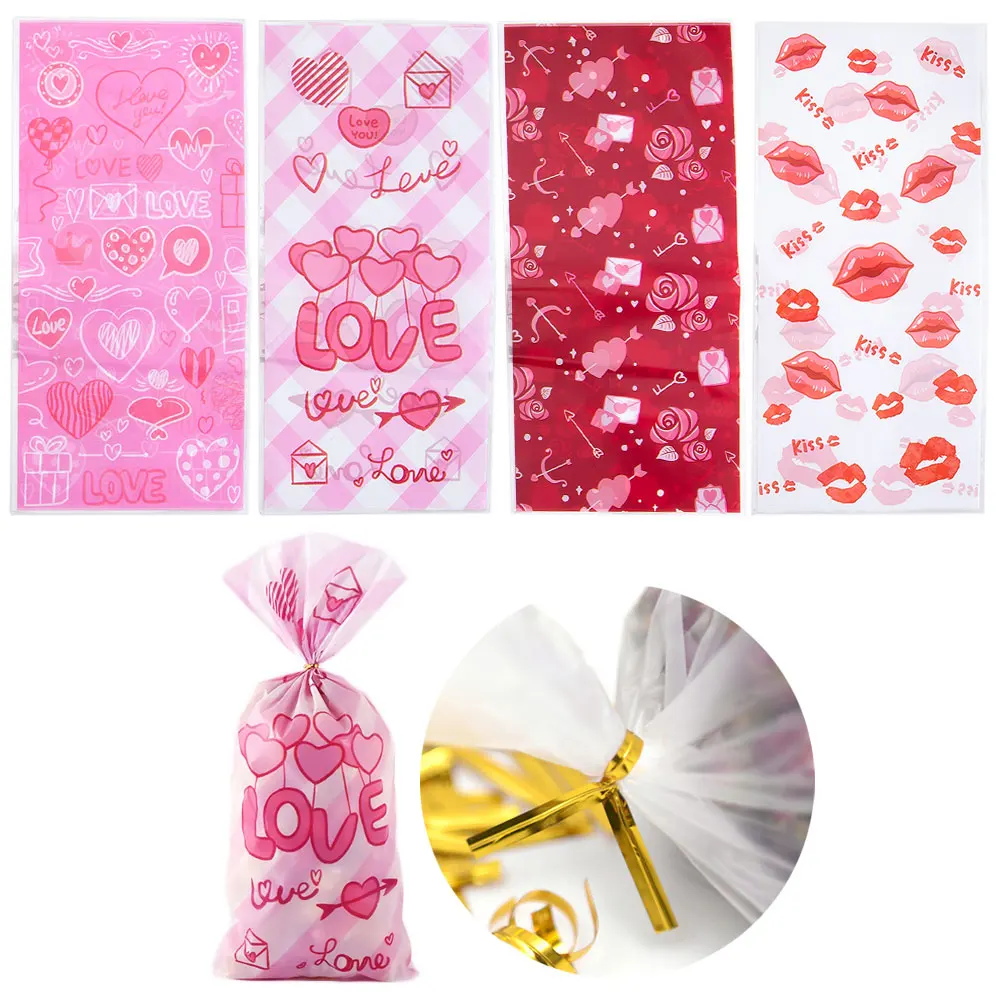 50pcs 12.5x27cm Long OPP Plastic Bag with 50pcs Twist Ties Gifts Pouches for Valentine's Day Candy Chocolate Cookie Wrapping