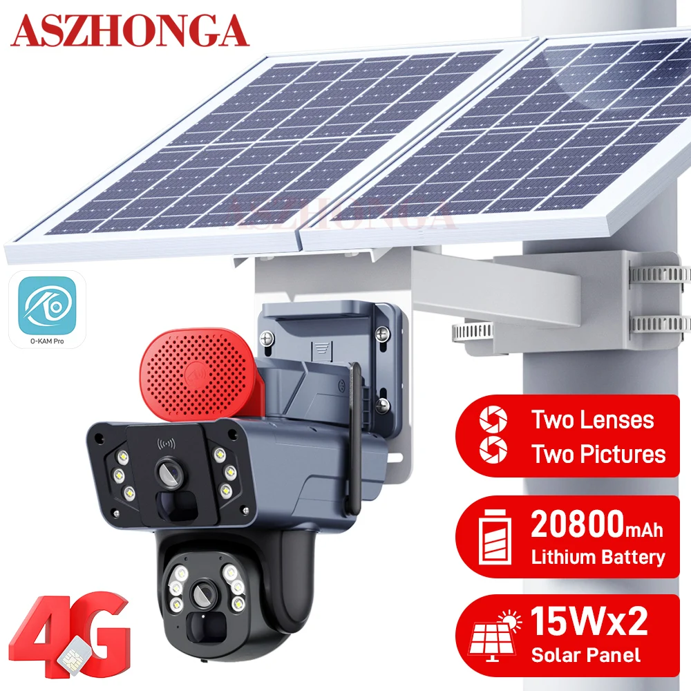 

30W Solar Panel HD 4MP Security Dual Lens Camera Wireless 3G 4G SIM Card Outdoor PTZ CCTV Surveillance Camera O-KAM Pro