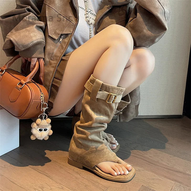 

Clip Toe Suede Sandal Boots for Women Black Apricot High Top Low Heels Mid-Calf Boots Versatile Belt Buckle Women's Shoes 2025