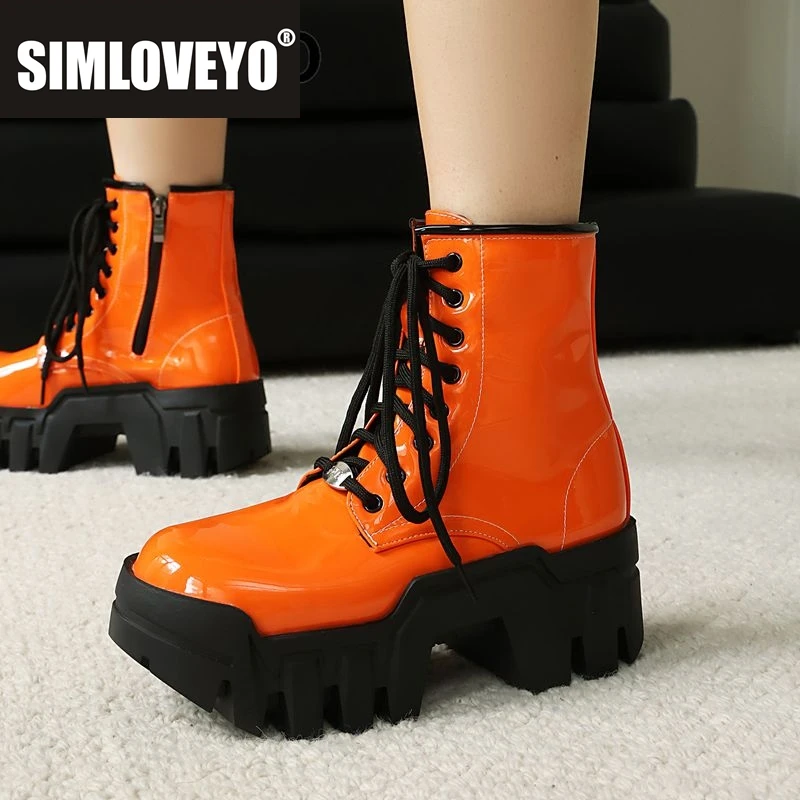 

SIMLOVEYO 2025 Блестящие женские ботильоны с круглым носком на блочном каблуке 6,5 см Платформа 4,5 см на молнии на шнуровке Большой размер 42 43 44 Fashion Bota