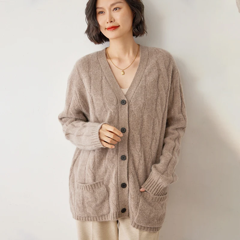 2024 Autumn Winter New 100% Cashmere Cardigan Knitted Sweater Women Loose Large Size Cardigans Lady Solid Thicken Warm Jacket