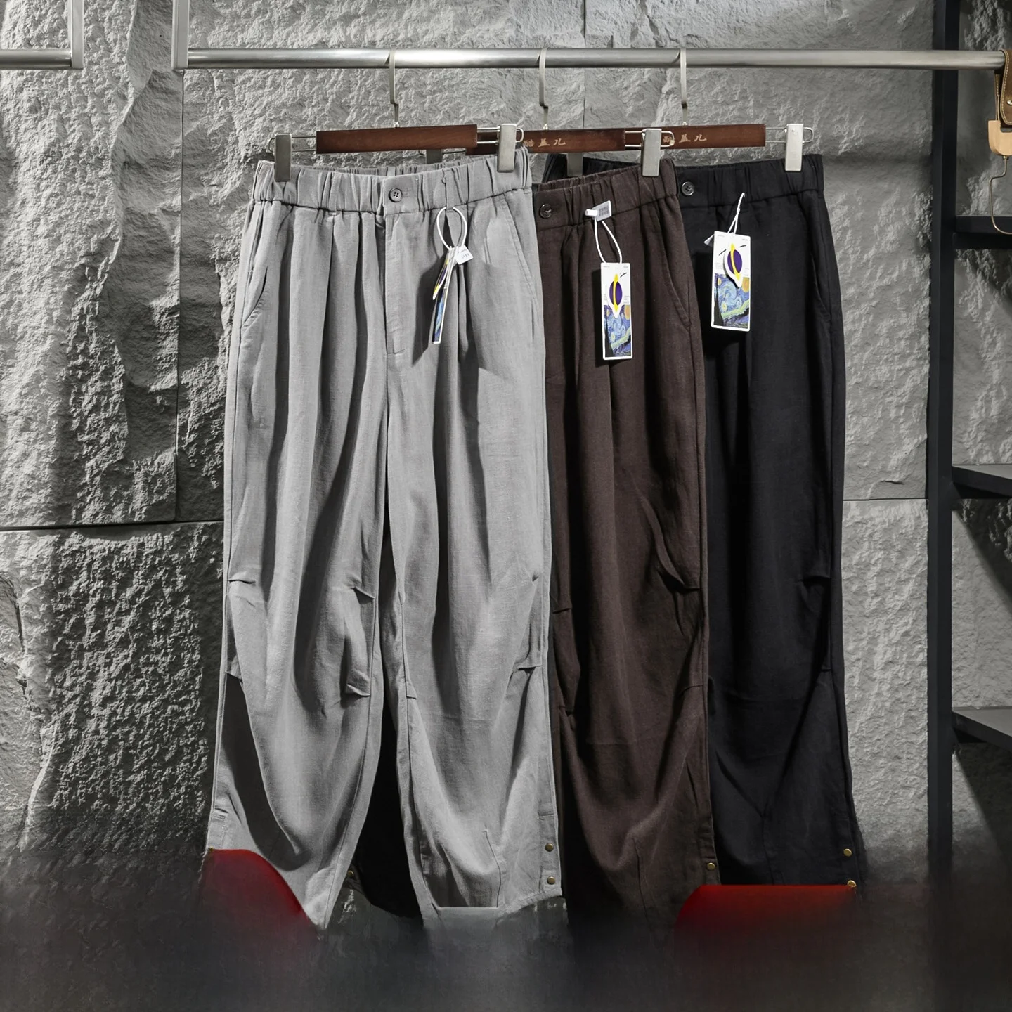 Loose Wide Leg Nine Pants  Flax Retro Hong Style 3D Pleated Drapey Loose Straight Tube Cone Pants Men's Casual Trousers