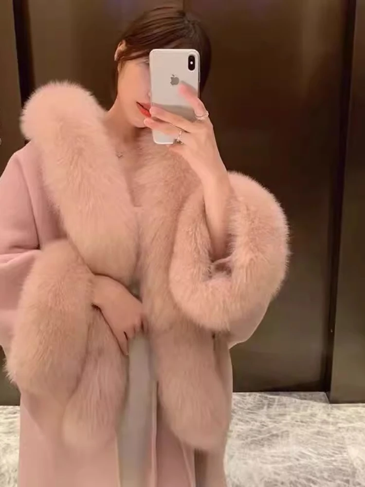 Cloak Double-Sided Wool Coat Women Winter High Quality Faux Fox Fur Collar Mid-Length Jacket Elegant Hooded Loose Parkas Outwear