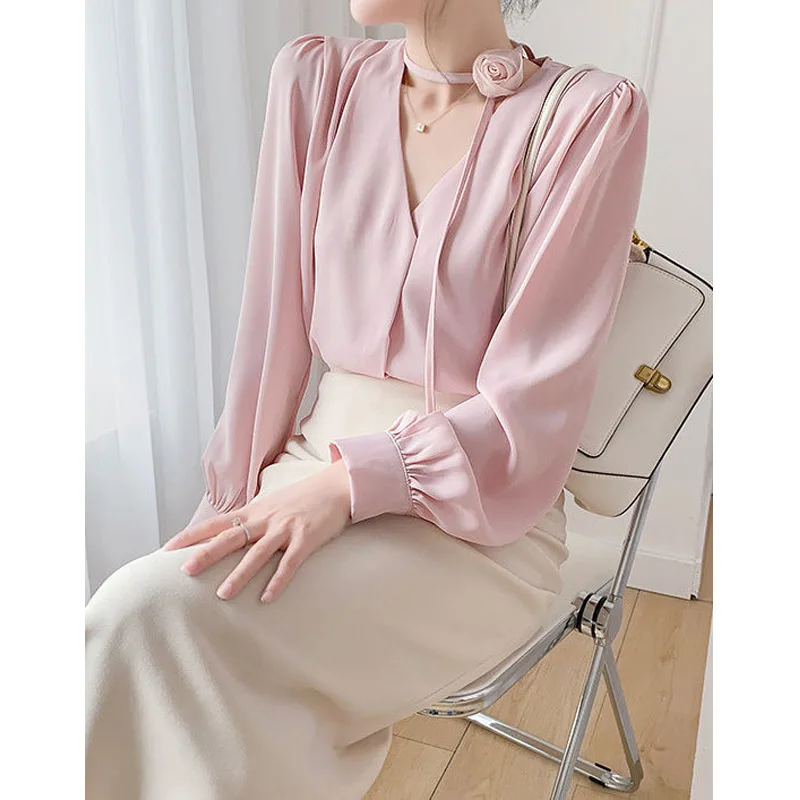 Temperament Chiffon Loose Blouse Spring Autumn New Long Sleeve V Neck Solid Elegant Shirt Tops Fashion Korean Women Clothing